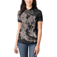 Hawaiian Tropical Plants Turtle and Shark Women Polo Shirt Polynesian Art Tattoo Grayscale Color LT03 - Polynesian Pride