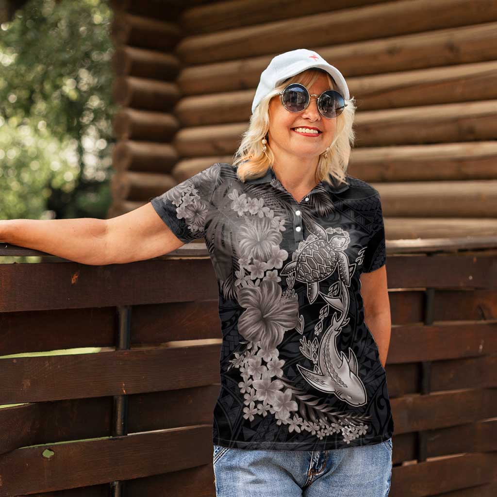 Hawaiian Tropical Plants Turtle and Shark Women Polo Shirt Polynesian Art Tattoo Grayscale Color LT03 - Polynesian Pride