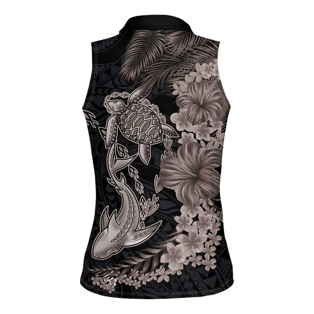 Hawaiian Tropical Plants Turtle and Shark Women Sleeveless Polo Shirt Polynesian Art Tattoo Grayscale Color LT03 - Polynesian Pride
