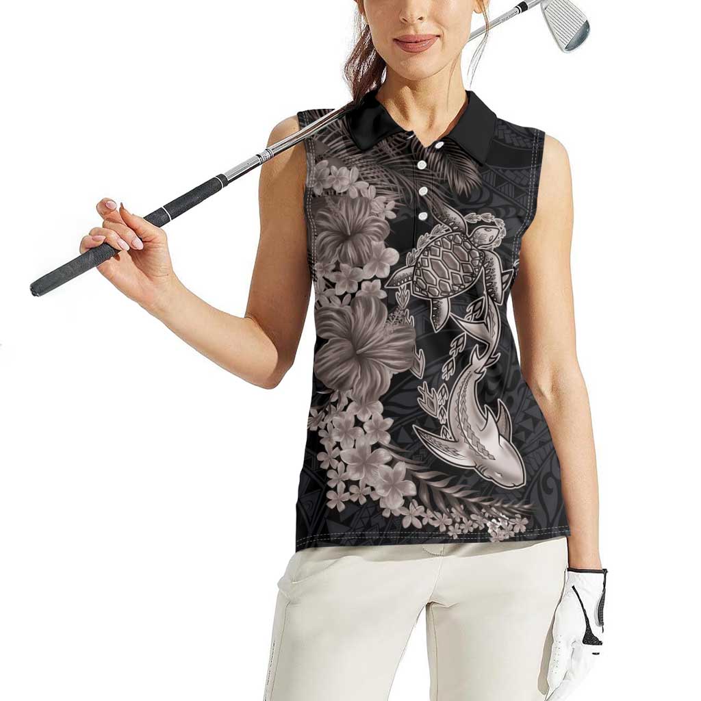 Hawaiian Tropical Plants Turtle and Shark Women Sleeveless Polo Shirt Polynesian Art Tattoo Grayscale Color LT03 - Polynesian Pride