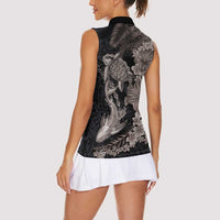Hawaiian Tropical Plants Turtle and Shark Women Sleeveless Polo Shirt Polynesian Art Tattoo Grayscale Color LT03 - Polynesian Pride