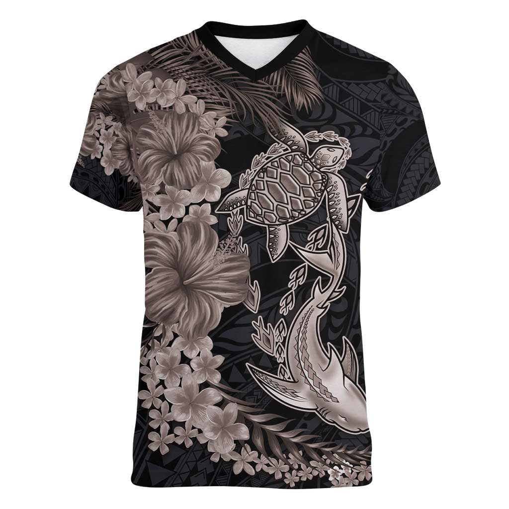 Hawaiian Tropical Plants Turtle and Shark Women V-Neck T-Shirt Polynesian Art Tattoo Grayscale Color LT03 Female Black - Polynesian Pride