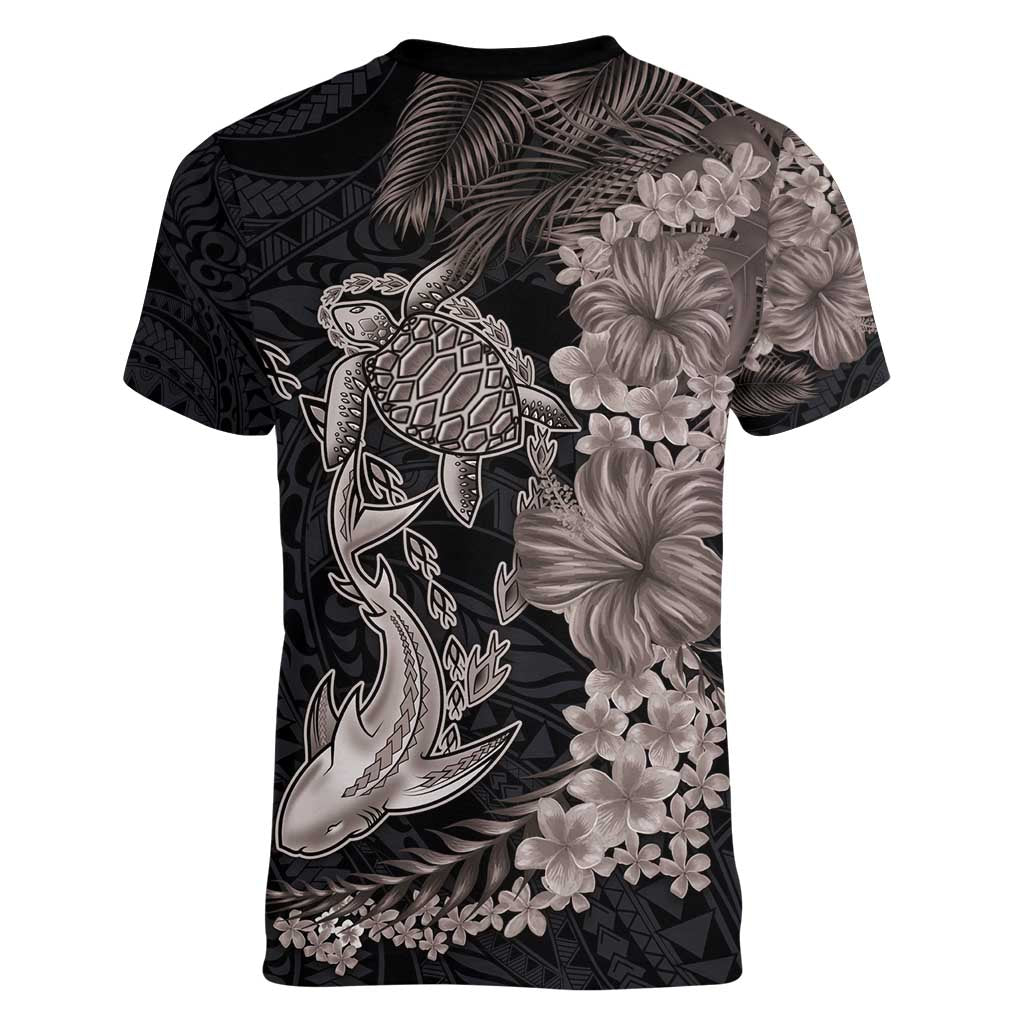 Hawaiian Tropical Plants Turtle and Shark Women V-Neck T-Shirt Polynesian Art Tattoo Grayscale Color LT03 - Polynesian Pride