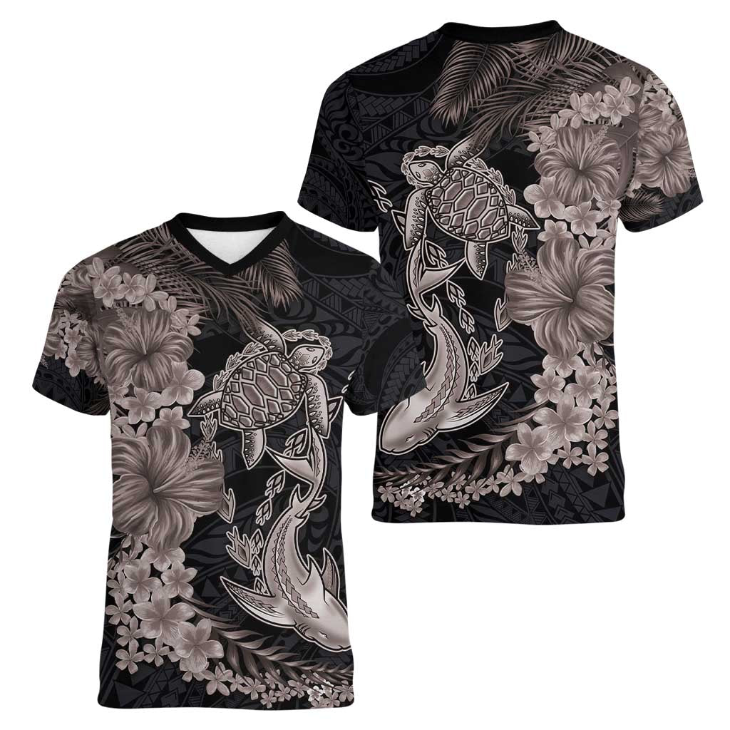 Hawaiian Tropical Plants Turtle and Shark Women V-Neck T-Shirt Polynesian Art Tattoo Grayscale Color LT03 - Polynesian Pride