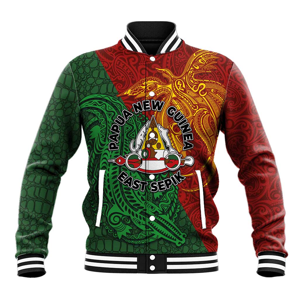 Papua New Guinea East Sepik Province Baseball Jacket Tribal Crocodile Birds of Paradise Melanesian Tattoo LT03 Unisex Green - Polynesian Pride