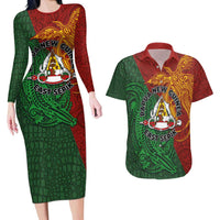 Papua New Guinea East Sepik Province Couples Matching Long Sleeve Bodycon Dress and Hawaiian Shirt Tribal Crocodile Birds of Paradise Melanesian Tattoo LT03 Green - Polynesian Pride