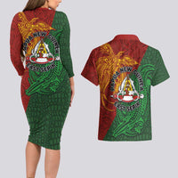 Papua New Guinea East Sepik Province Couples Matching Long Sleeve Bodycon Dress and Hawaiian Shirt Tribal Crocodile Birds of Paradise Melanesian Tattoo LT03 - Polynesian Pride