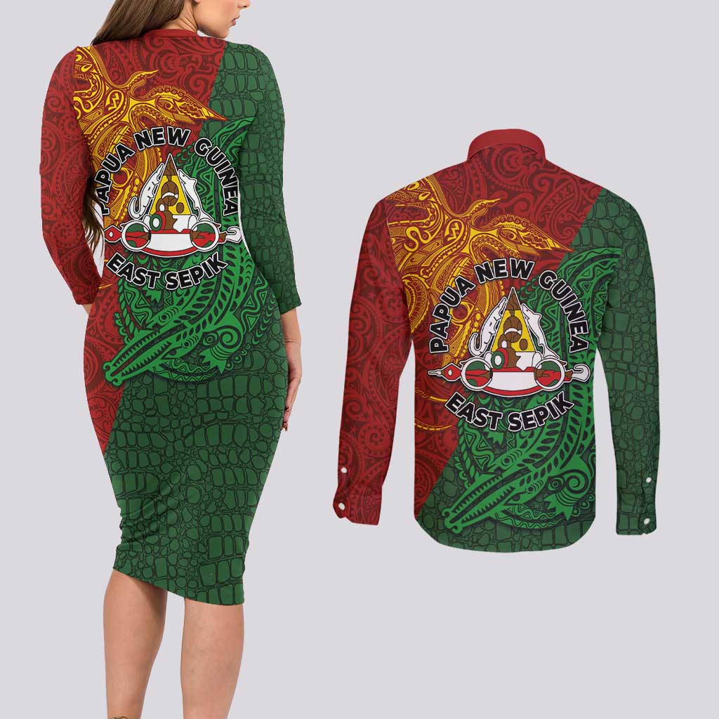 Papua New Guinea East Sepik Province Couples Matching Long Sleeve Bodycon Dress and Long Sleeve Button Shirt Tribal Crocodile Birds of Paradise Melanesian Tattoo LT03 - Polynesian Pride