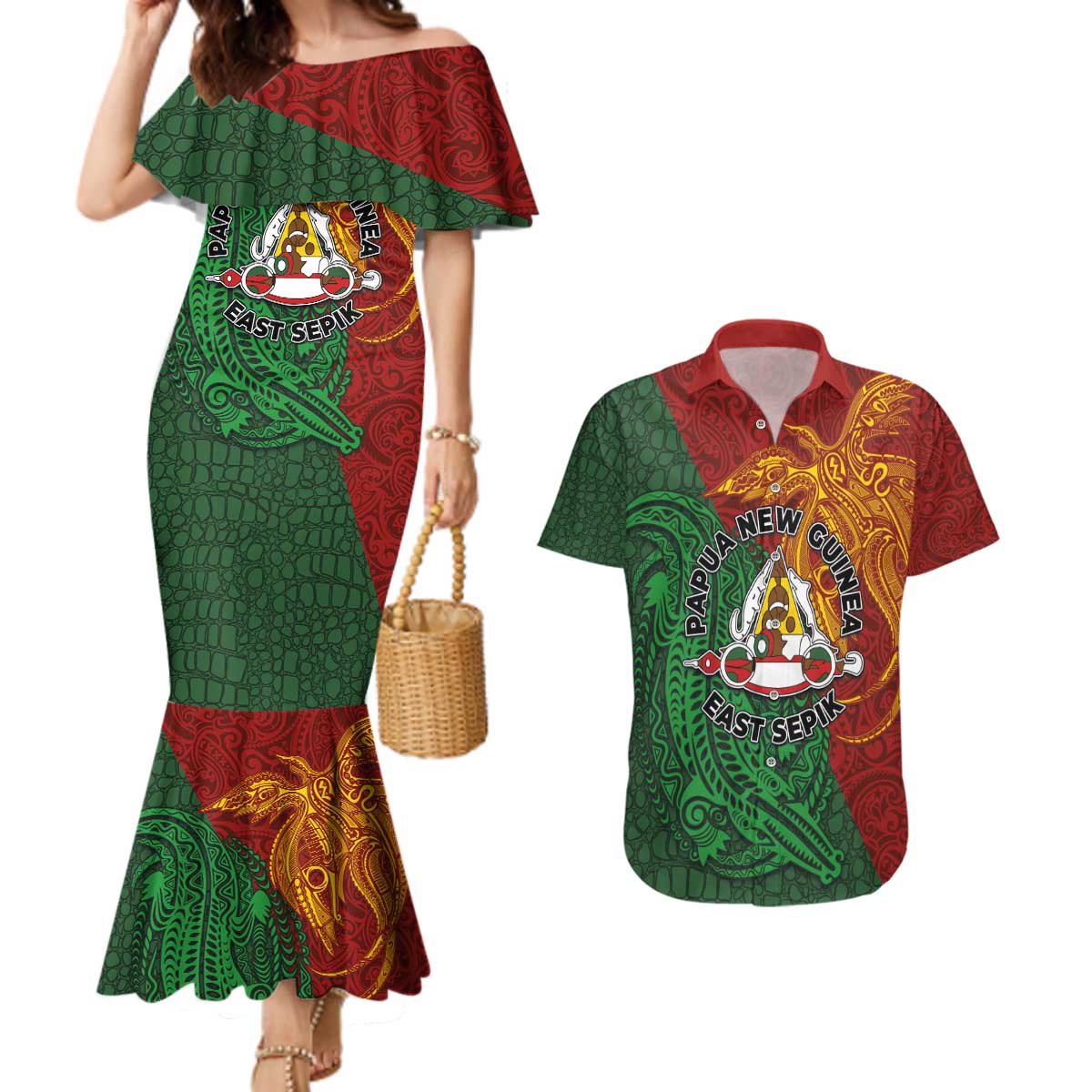 Papua New Guinea East Sepik Province Couples Matching Mermaid Dress and Hawaiian Shirt Tribal Crocodile Birds of Paradise Melanesian Tattoo LT03 Green - Polynesian Pride