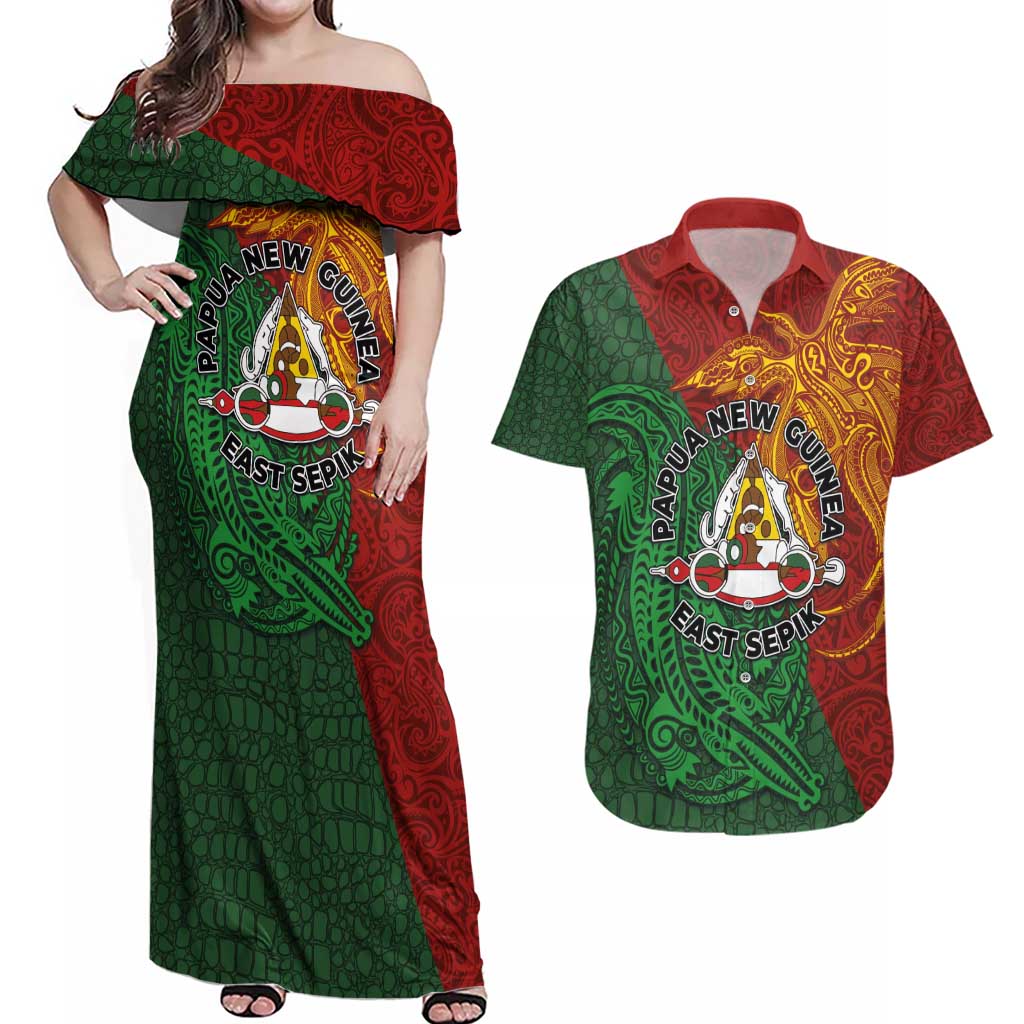 Papua New Guinea East Sepik Province Couples Matching Off Shoulder Maxi Dress and Hawaiian Shirt Tribal Crocodile Birds of Paradise Melanesian Tattoo