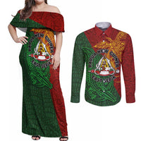 Papua New Guinea East Sepik Province Couples Matching Off Shoulder Maxi Dress and Long Sleeve Button Shirt Tribal Crocodile Birds of Paradise Melanesian Tattoo LT03 Green - Polynesian Pride