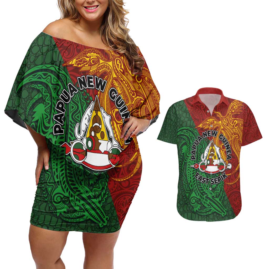 Papua New Guinea East Sepik Province Couples Matching Off Shoulder Short Dress and Hawaiian Shirt Tribal Crocodile Birds of Paradise Melanesian Tattoo LT03 Green - Polynesian Pride