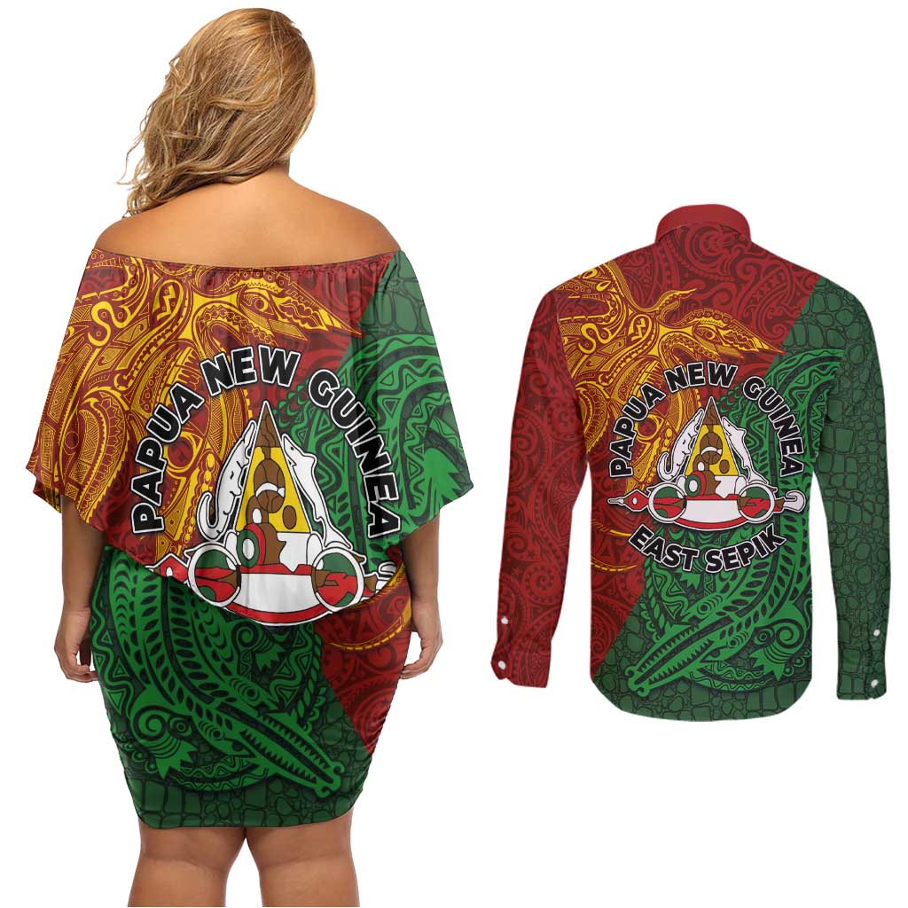 Papua New Guinea East Sepik Province Couples Matching Off Shoulder Short Dress and Long Sleeve Button Shirt Tribal Crocodile Birds of Paradise Melanesian Tattoo LT03 - Polynesian Pride