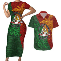 Papua New Guinea East Sepik Province Couples Matching Short Sleeve Bodycon Dress and Hawaiian Shirt Tribal Crocodile Birds of Paradise Melanesian Tattoo LT03 Green - Polynesian Pride
