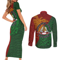 Papua New Guinea East Sepik Province Couples Matching Short Sleeve Bodycon Dress and Long Sleeve Button Shirt Tribal Crocodile Birds of Paradise Melanesian Tattoo LT03 - Polynesian Pride