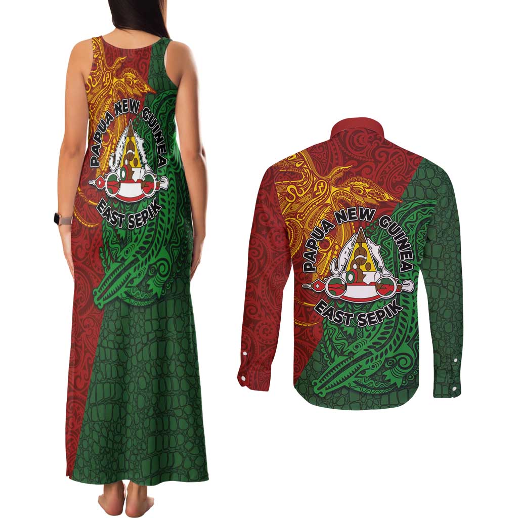 Papua New Guinea East Sepik Province Couples Matching Tank Maxi Dress and Long Sleeve Button Shirt Tribal Crocodile Birds of Paradise Melanesian Tattoo LT03 - Polynesian Pride
