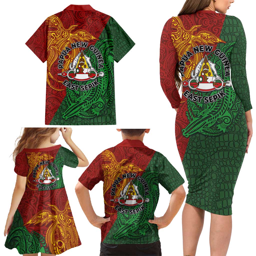 Papua New Guinea East Sepik Province Family Matching Long Sleeve Bodycon Dress and Hawaiian Shirt Tribal Crocodile Birds of Paradise Melanesian Tattoo LT03 - Polynesian Pride