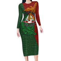 Papua New Guinea East Sepik Province Family Matching Long Sleeve Bodycon Dress and Hawaiian Shirt Tribal Crocodile Birds of Paradise Melanesian Tattoo LT03 Mom's Dress Green - Polynesian Pride