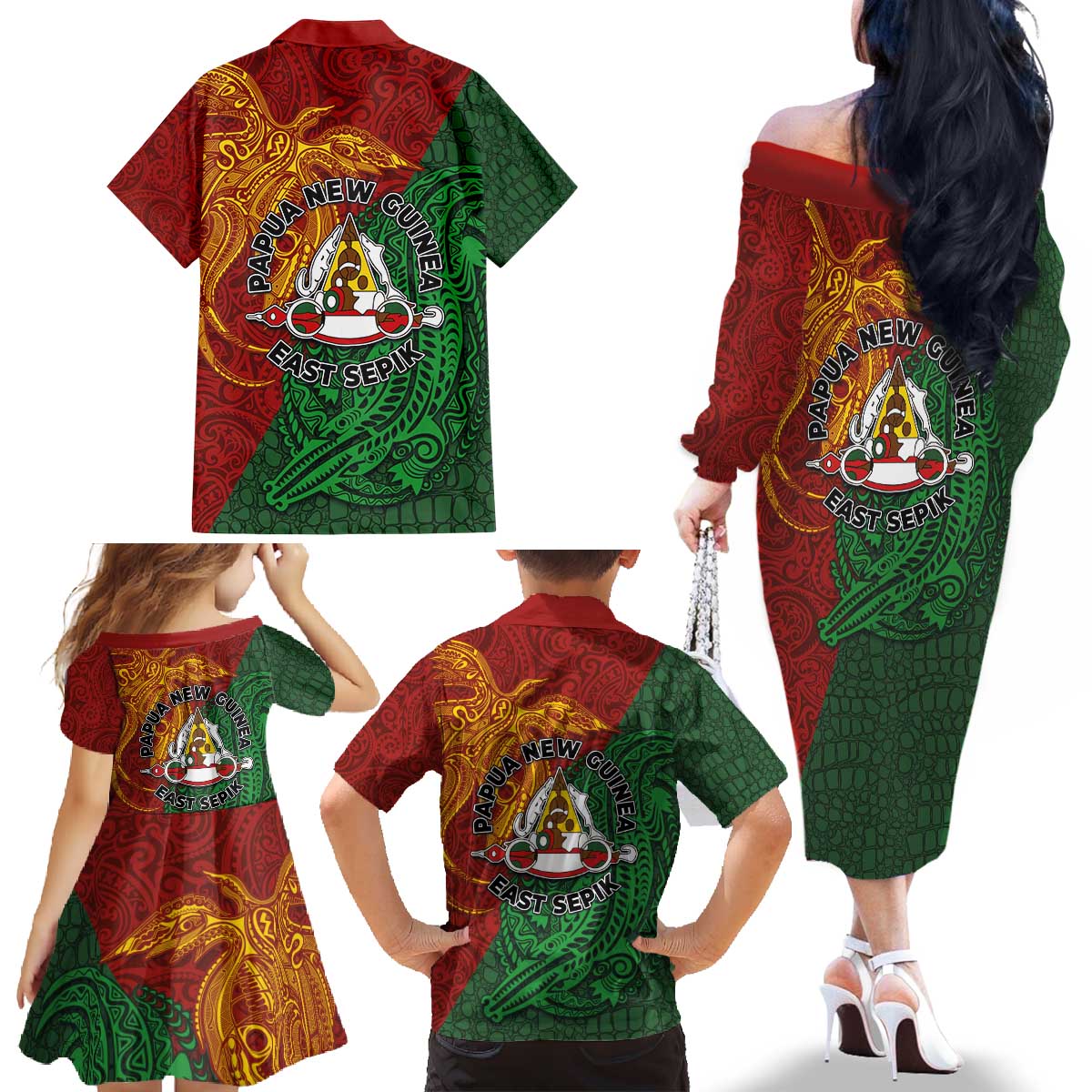 Papua New Guinea East Sepik Province Family Matching Off The Shoulder Long Sleeve Dress and Hawaiian Shirt Tribal Crocodile Birds of Paradise Melanesian Tattoo LT03 - Polynesian Pride