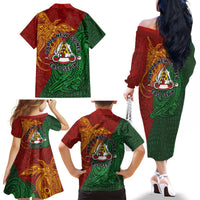 Papua New Guinea East Sepik Province Family Matching Off The Shoulder Long Sleeve Dress and Hawaiian Shirt Tribal Crocodile Birds of Paradise Melanesian Tattoo LT03 - Polynesian Pride