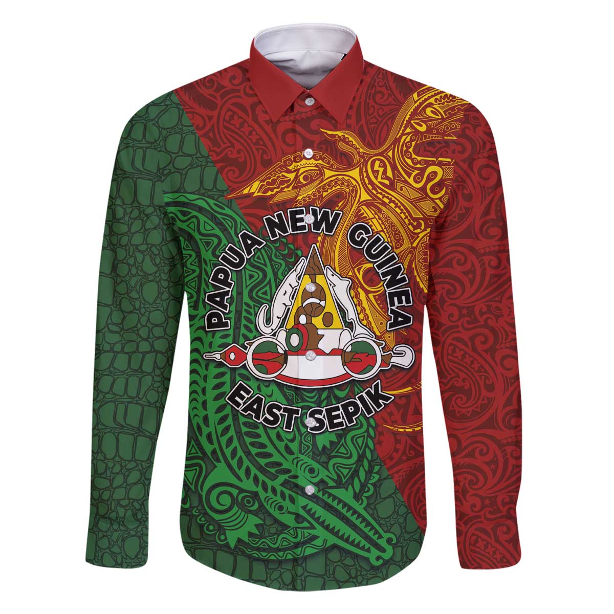 Papua New Guinea East Sepik Province Family Matching Off The Shoulder Long Sleeve Dress and Hawaiian Shirt Tribal Crocodile Birds of Paradise Melanesian Tattoo LT03 Dad's Shirt - Long Sleeve Green - Polynesian Pride