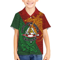 Papua New Guinea East Sepik Province Family Matching Off The Shoulder Long Sleeve Dress and Hawaiian Shirt Tribal Crocodile Birds of Paradise Melanesian Tattoo LT03 Son's Shirt Green - Polynesian Pride