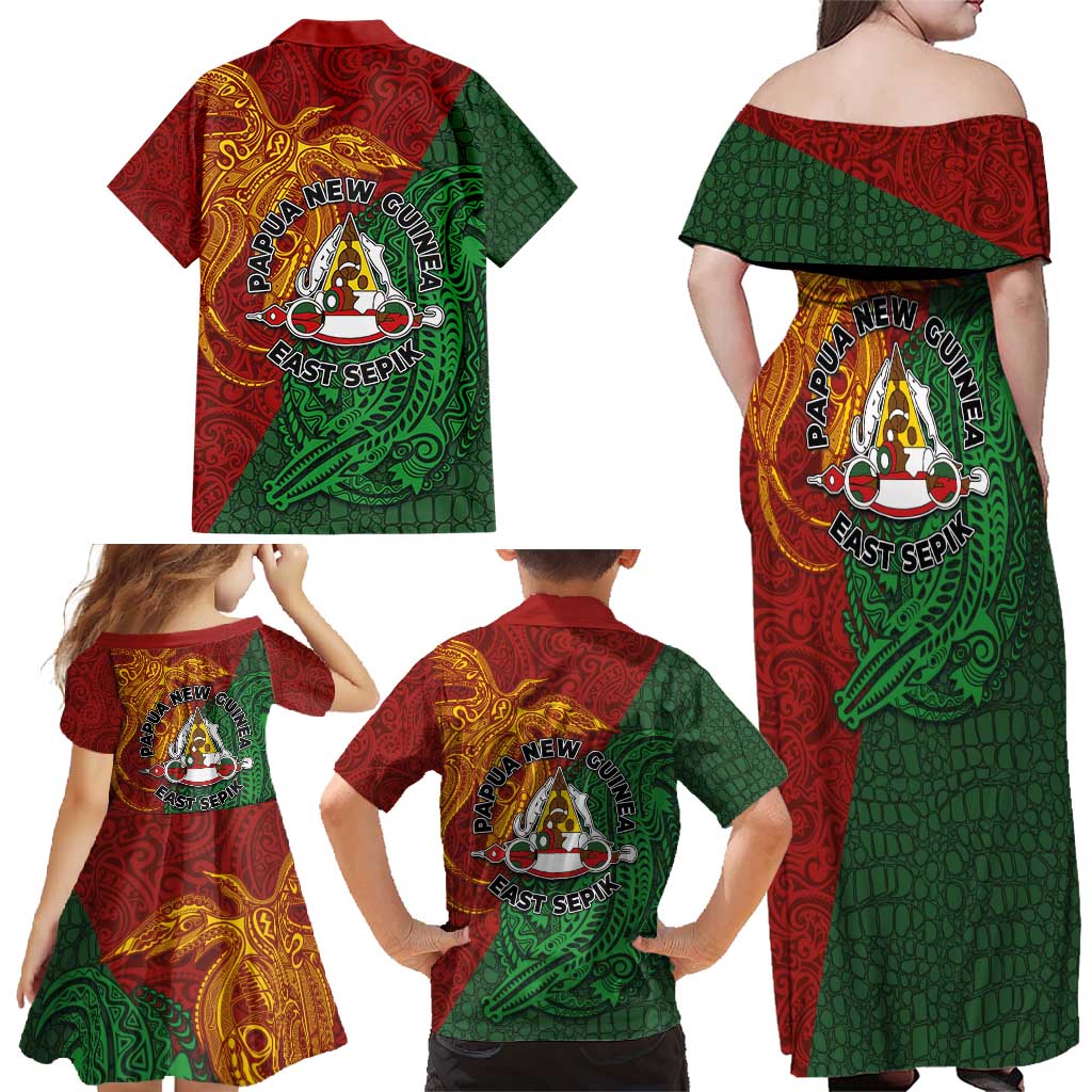 Papua New Guinea East Sepik Province Family Matching Off Shoulder Maxi Dress and Hawaiian Shirt Tribal Crocodile Birds of Paradise Melanesian Tattoo LT03 - Polynesian Pride