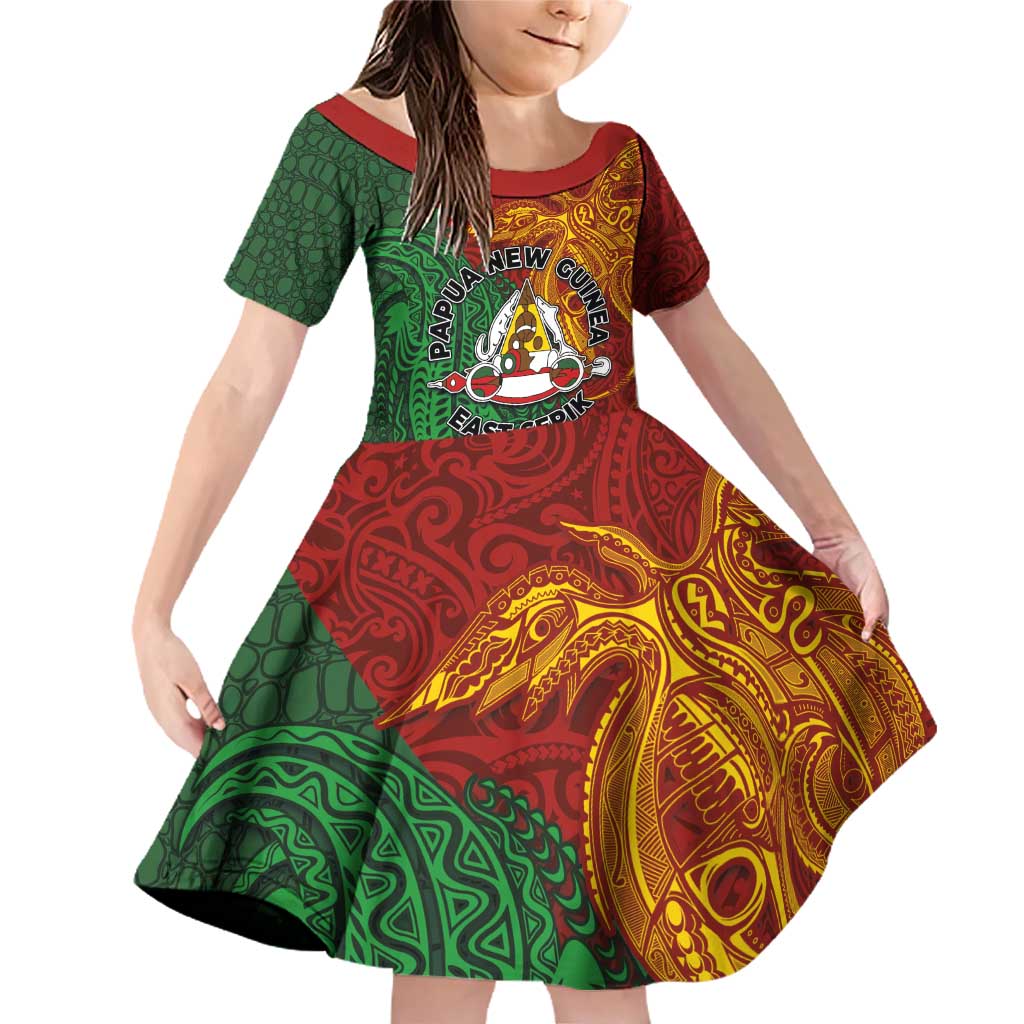 Papua New Guinea East Sepik Province Family Matching Off Shoulder Short Dress and Hawaiian Shirt Tribal Crocodile Birds of Paradise Melanesian Tattoo LT03 Daughter's Dress Green - Polynesian Pride