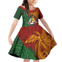 Papua New Guinea East Sepik Province Family Matching Off Shoulder Short Dress and Hawaiian Shirt Tribal Crocodile Birds of Paradise Melanesian Tattoo LT03 Daughter's Dress Green - Polynesian Pride
