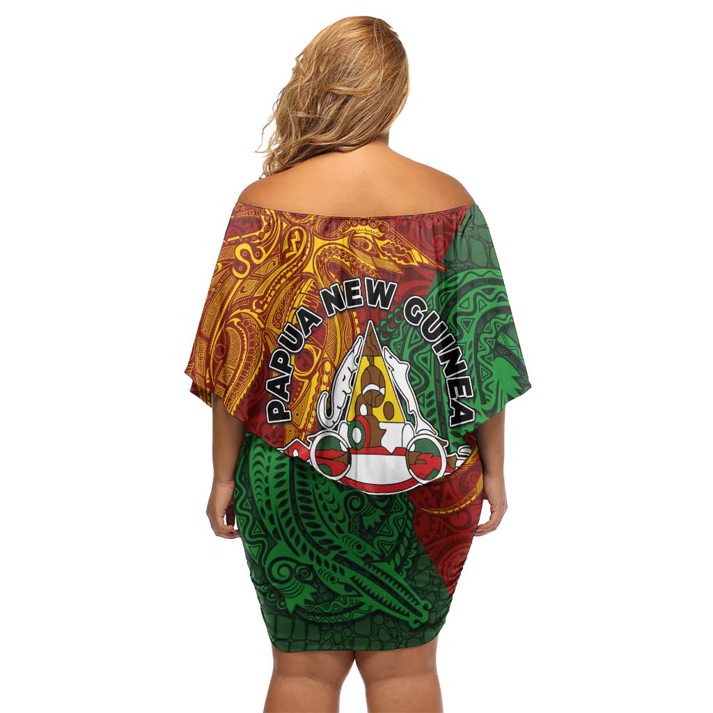 Papua New Guinea East Sepik Province Family Matching Off Shoulder Short Dress and Hawaiian Shirt Tribal Crocodile Birds of Paradise Melanesian Tattoo LT03 - Polynesian Pride
