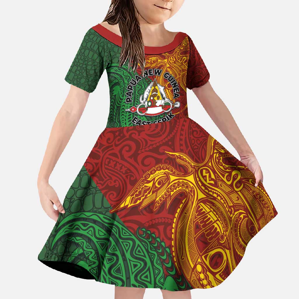 Papua New Guinea East Sepik Province Family Matching Summer Maxi Dress and Hawaiian Shirt Tribal Crocodile Birds of Paradise Melanesian Tattoo LT03 Daughter's Dress Green - Polynesian Pride