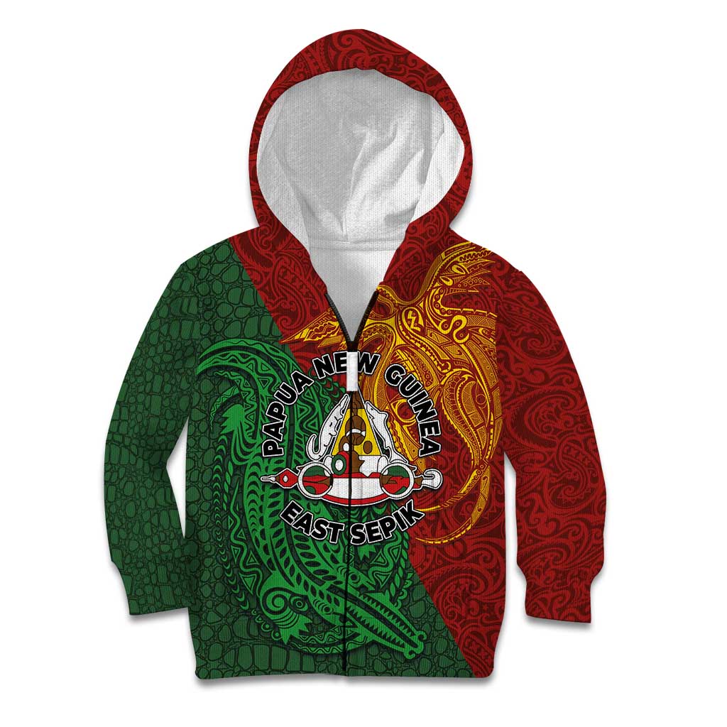 Papua New Guinea East Sepik Province Kid Hoodie Tribal Crocodile Birds of Paradise Melanesian Tattoo LT03 Zip Hoodie Green - Polynesian Pride