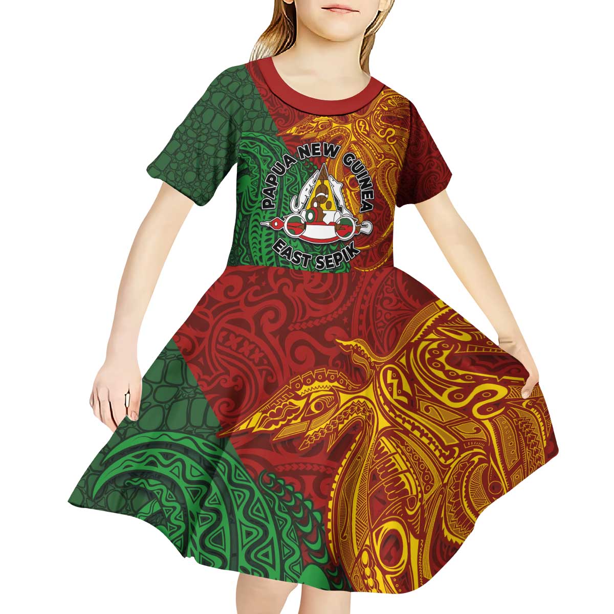 Papua New Guinea East Sepik Province Kid Short Sleeve Dress Tribal Crocodile Birds of Paradise Melanesian Tattoo LT03 - Polynesian Pride