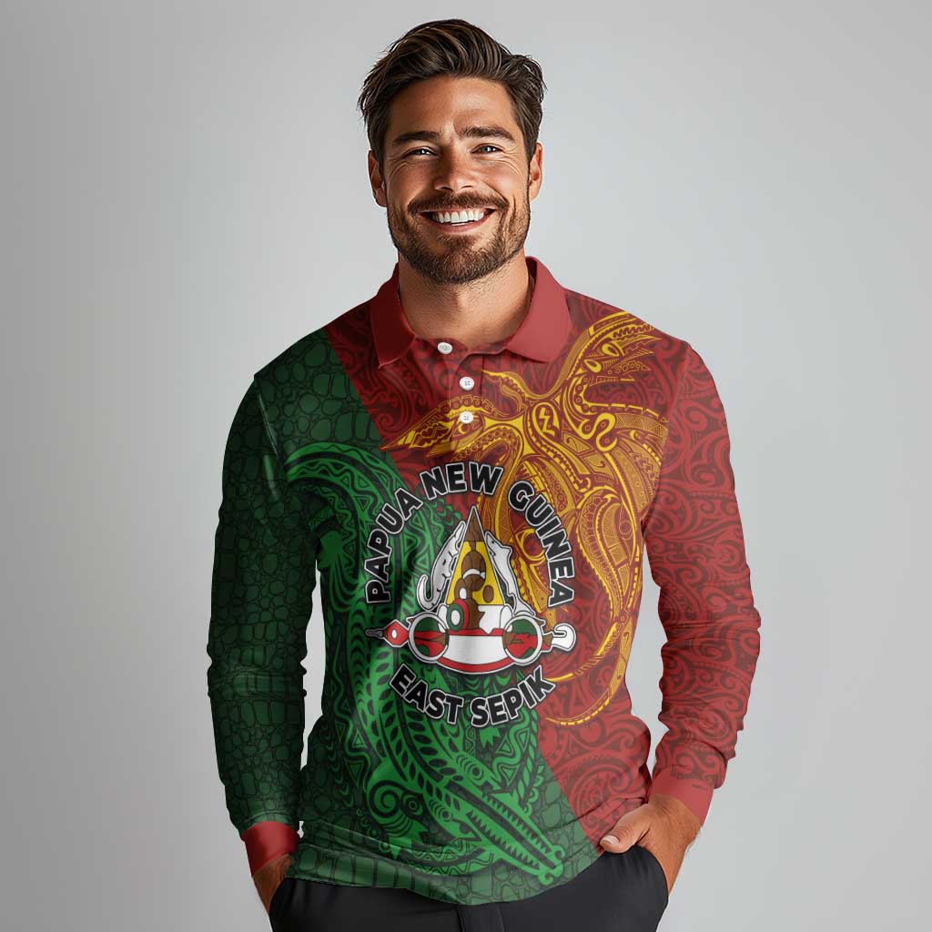 Papua New Guinea East Sepik Province Long Sleeve Polo Shirt Tribal Crocodile Birds of Paradise Melanesian Tattoo LT03 - Polynesian Pride