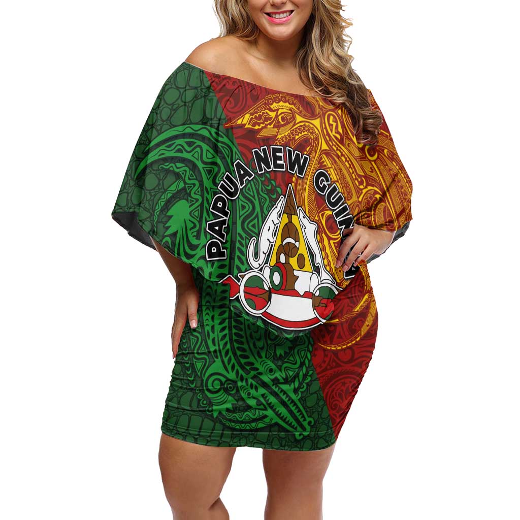 Papua New Guinea East Sepik Province Off Shoulder Short Dress Tribal Crocodile Birds of Paradise Melanesian Tattoo LT03 Women Green - Polynesian Pride