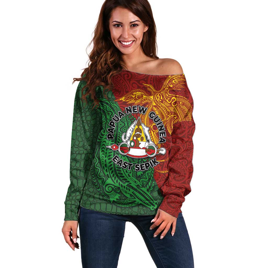 Papua New Guinea East Sepik Province Off Shoulder Sweater Tribal Crocodile Birds of Paradise Melanesian Tattoo