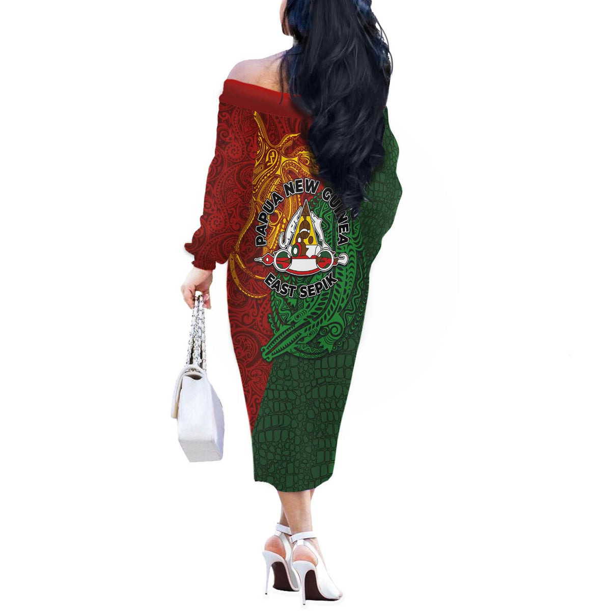 Papua New Guinea East Sepik Province Off The Shoulder Long Sleeve Dress Tribal Crocodile Birds of Paradise Melanesian Tattoo LT03 - Polynesian Pride