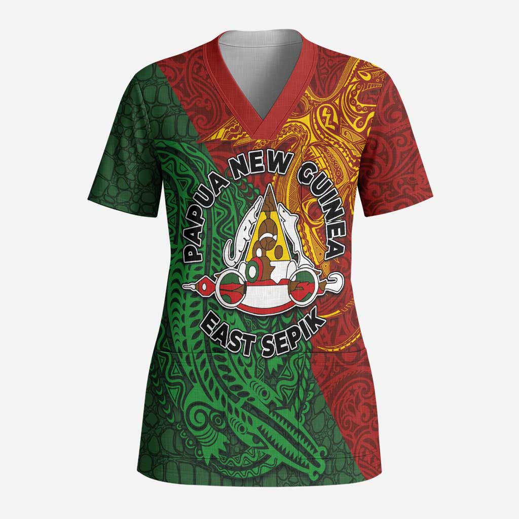 Papua New Guinea East Sepik Province Scrub Top Tribal Crocodile Birds of Paradise Melanesian Tattoo LT03 Adult Green - Polynesian Pride