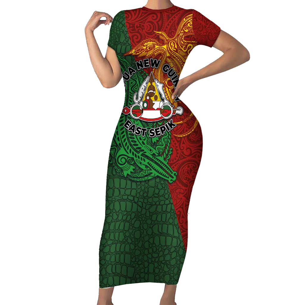 Papua New Guinea East Sepik Province Short Sleeve Bodycon Dress Tribal Crocodile Birds of Paradise Melanesian Tattoo LT03 Long Dress Green - Polynesian Pride