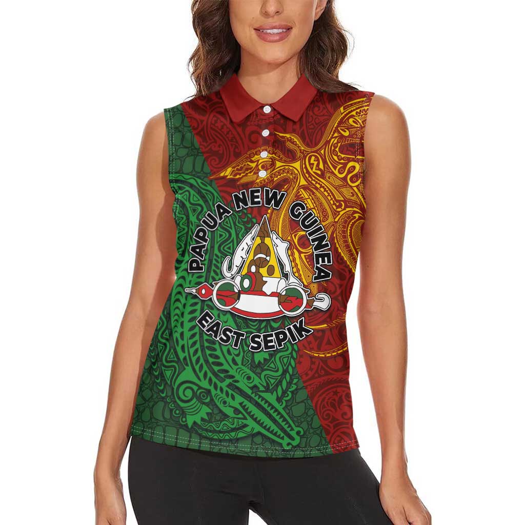 Papua New Guinea East Sepik Province Women Sleeveless Polo Shirt Tribal Crocodile Birds of Paradise Melanesian Tattoo LT03 - Polynesian Pride