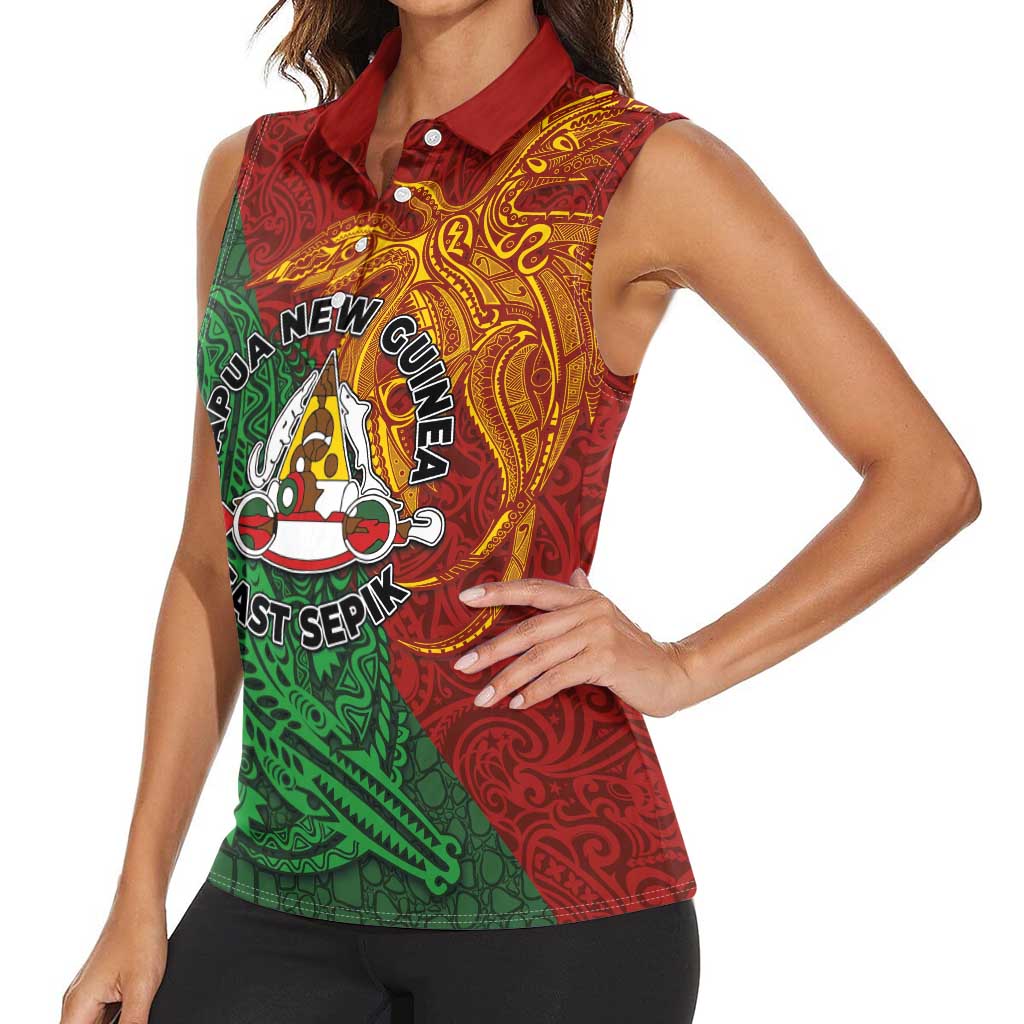 Papua New Guinea East Sepik Province Women Sleeveless Polo Shirt Tribal Crocodile Birds of Paradise Melanesian Tattoo LT03 - Polynesian Pride