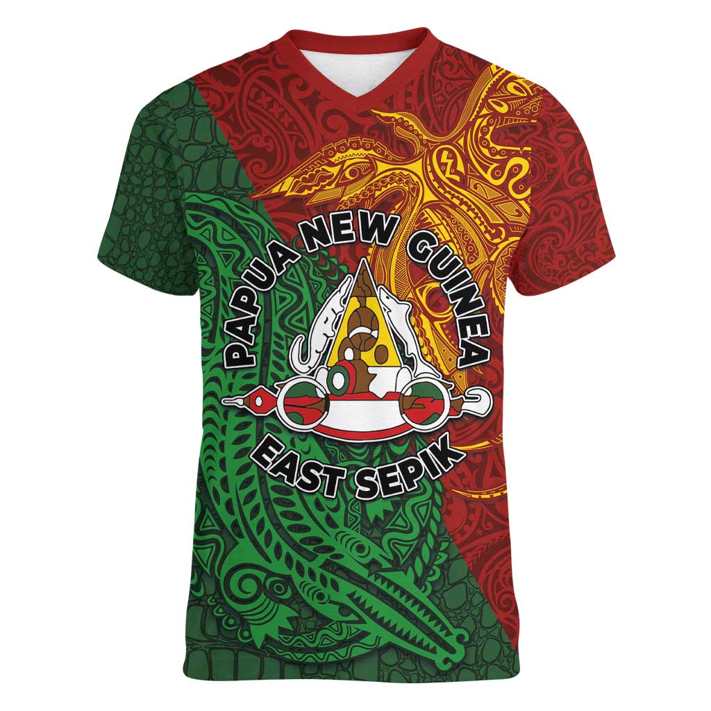 Papua New Guinea East Sepik Province Women V-Neck T-Shirt Tribal Crocodile Birds of Paradise Melanesian Tattoo LT03 Female Green - Polynesian Pride