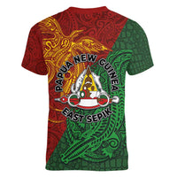 Papua New Guinea East Sepik Province Women V-Neck T-Shirt Tribal Crocodile Birds of Paradise Melanesian Tattoo LT03 - Polynesian Pride