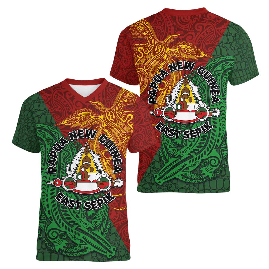 Papua New Guinea East Sepik Province Women V-Neck T-Shirt Tribal Crocodile Birds of Paradise Melanesian Tattoo LT03 - Polynesian Pride