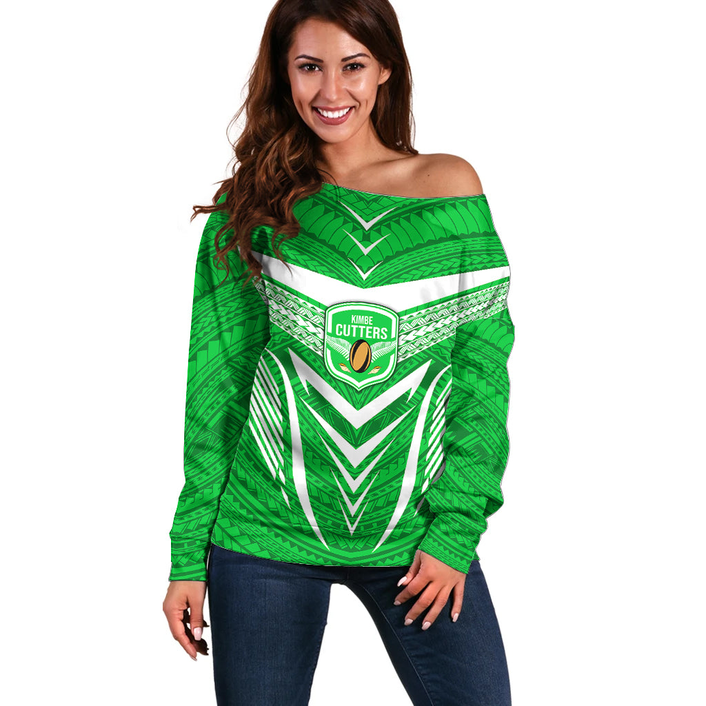 Kimbe Cutters Rugby Off Shoulder Sweater Papua New Guinea Polynesian Tattoo Green Version LT03 Women Green - Polynesian Pride