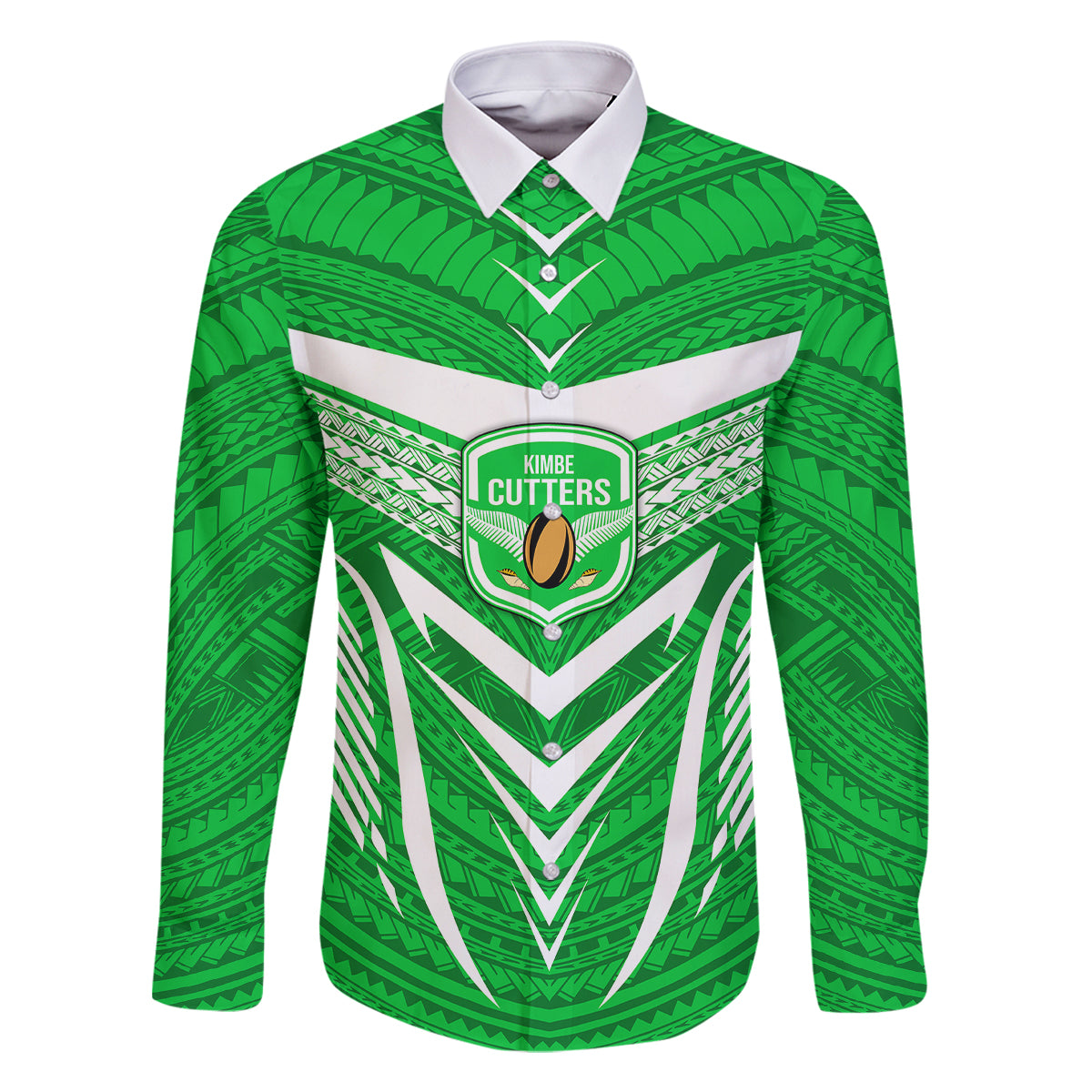 Custom Kimbe Cutters Rugby Family Matching Mermaid Dress and Hawaiian Shirt Papua New Guinea Polynesian Tattoo Green Version LT03 Dad's Shirt - Long Sleeve Green - Polynesian Pride