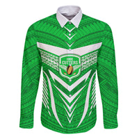 Custom Kimbe Cutters Rugby Family Matching Off Shoulder Short Dress and Hawaiian Shirt Papua New Guinea Polynesian Tattoo Green Version LT03 Dad's Shirt - Long Sleeve Green - Polynesian Pride