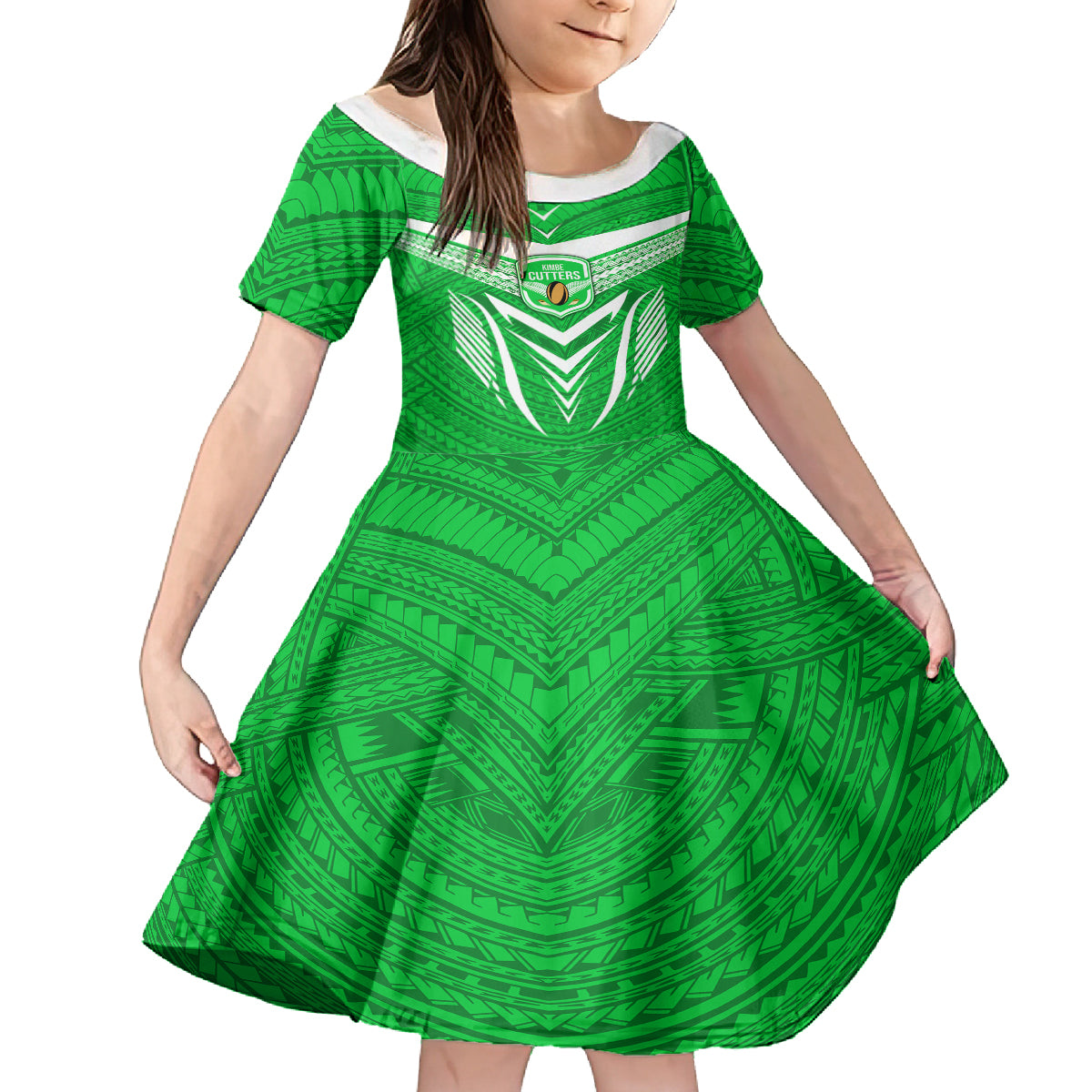 Custom Kimbe Cutters Rugby Family Matching Puletasi Dress and Hawaiian Shirt Papua New Guinea Polynesian Tattoo Green Version LT03 Daughter's Dress Green - Polynesian Pride