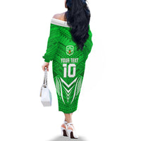 Custom Kimbe Cutters Rugby Off The Shoulder Long Sleeve Dress Papua New Guinea Polynesian Tattoo Green Version LT03 - Polynesian Pride