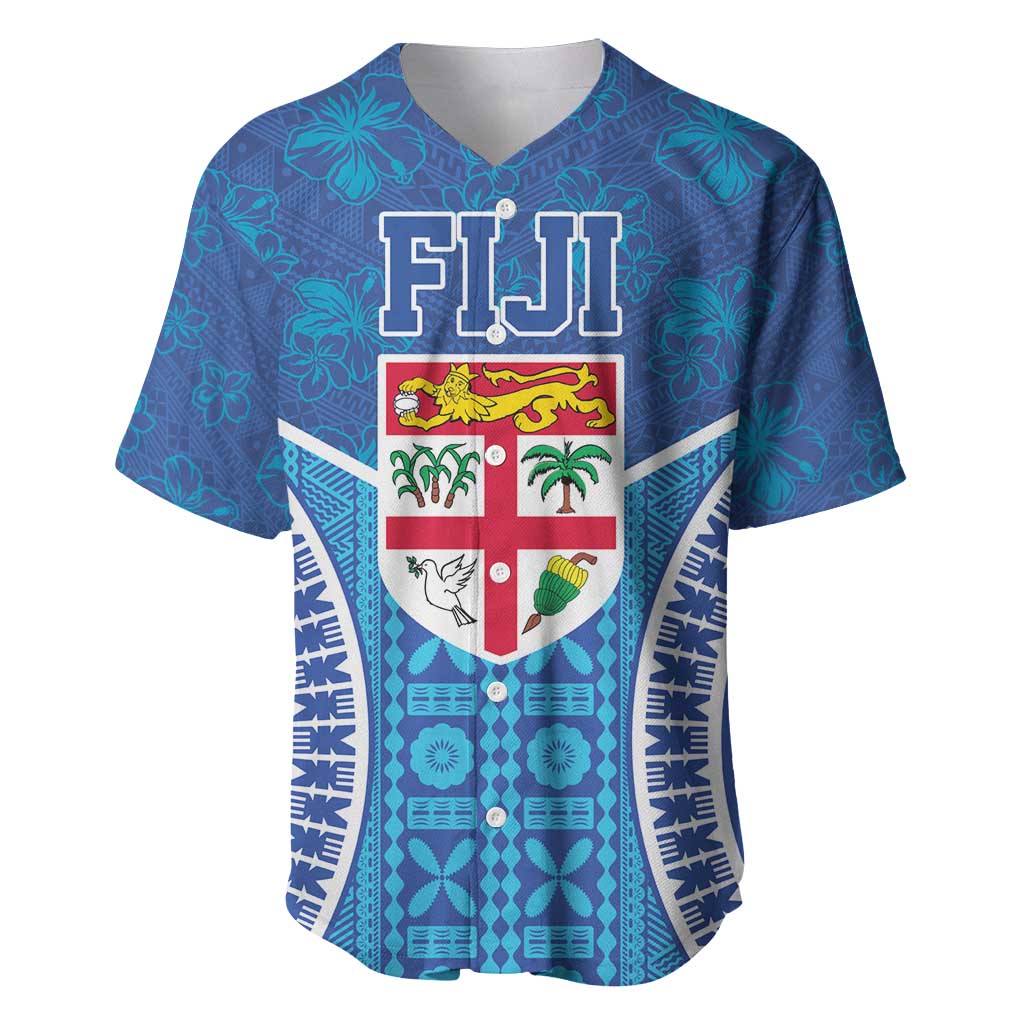 Fiji Day Baseball Jersey Fijian Masi Tribal Hibiscus Tattoo and Tapa Pattern LT03 Blue - Polynesian Pride